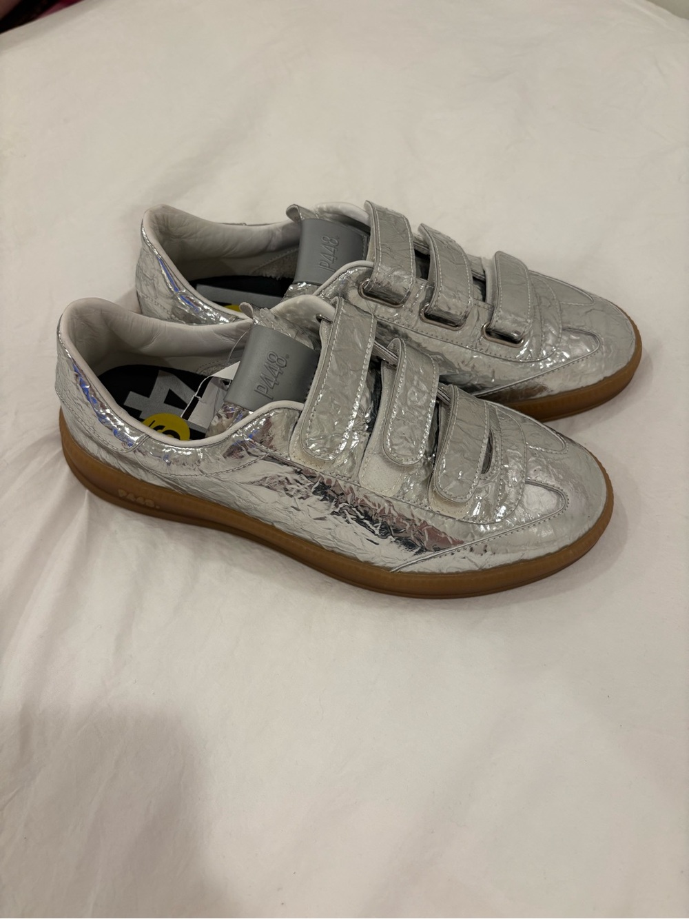 P448 Metallic Chrome Silver Velcro Sneakers with Gum Sole NWOT. Sold out style.